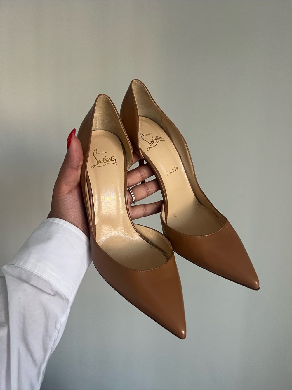 Christian Louboutin Iriza 100 Tan (NOISETTE) Pointed-Toe Leather Pumps